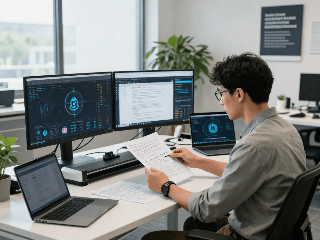 Document fraud detection analysis in a modern workspace, expert reviewing digital documents and cybersecurity tools.