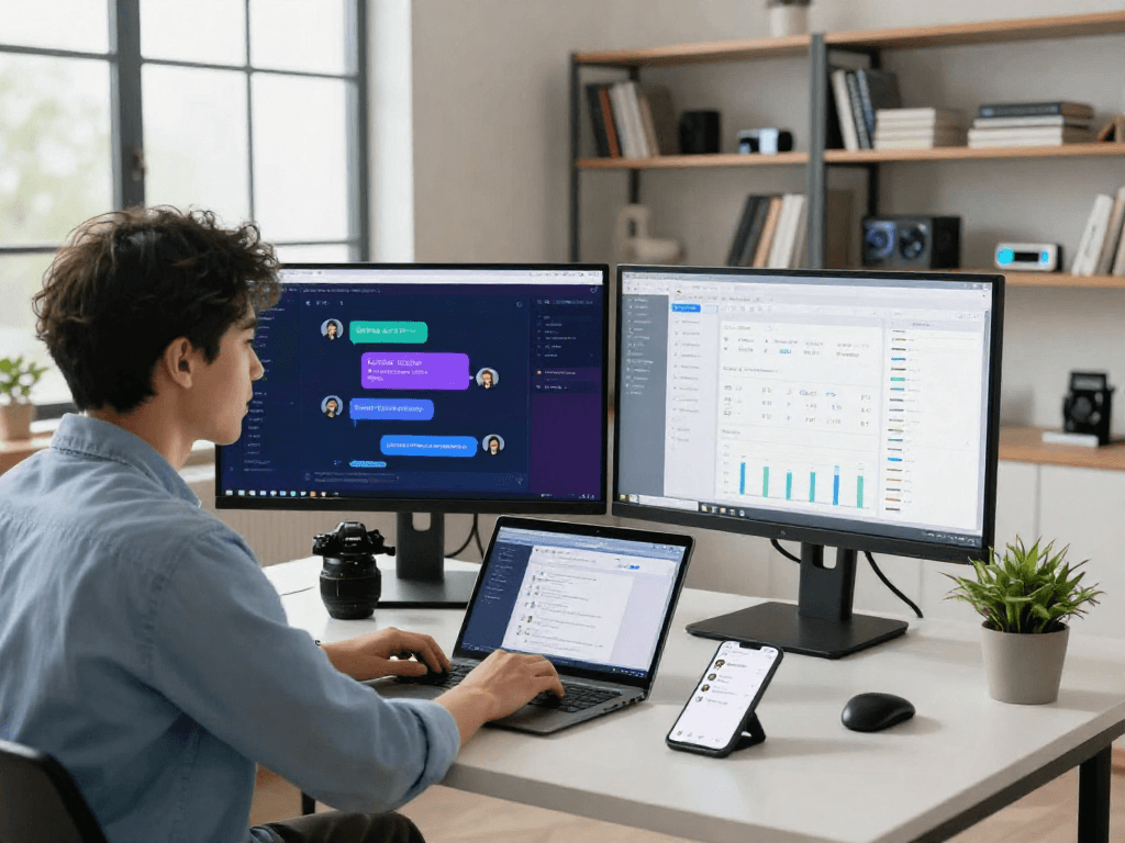 Enthusiastic developer engaged with juicy chat ai platform in a bright, modern workspace, showcasing dynamic tech collaboration.