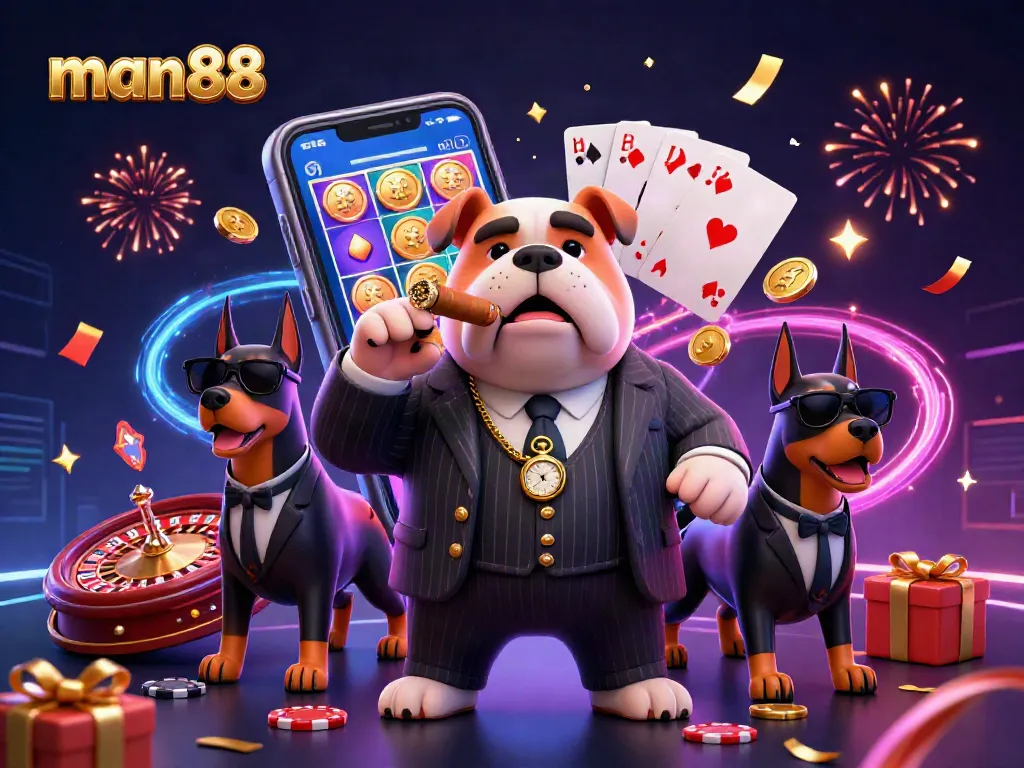 Experience the excitement of man88 with a vibrant 3D casino scene featuring characters and games.