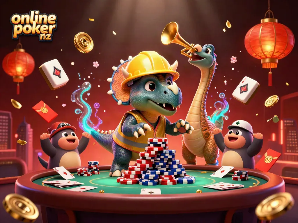Engage in online poker nz with a dynamic scene celebrating poker games amidst colorful elements.