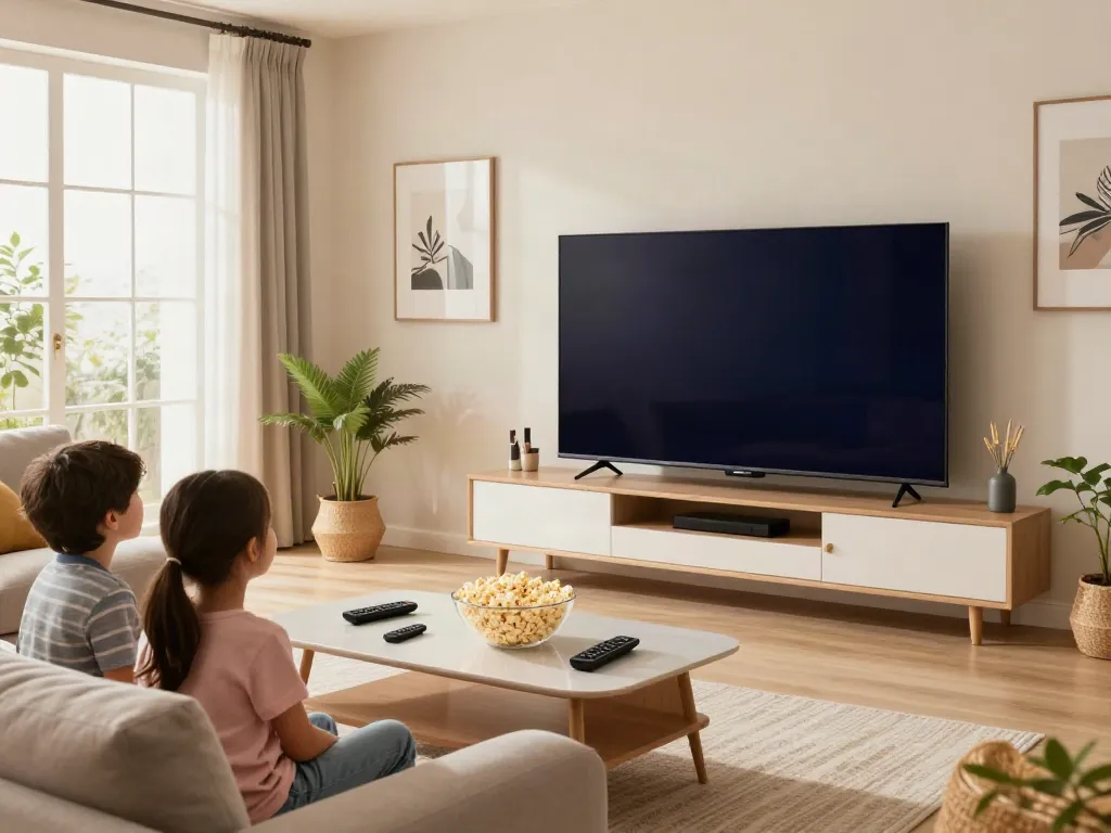 Family enjoying abbonamento iptv in a cozy living room setting with a large TV.