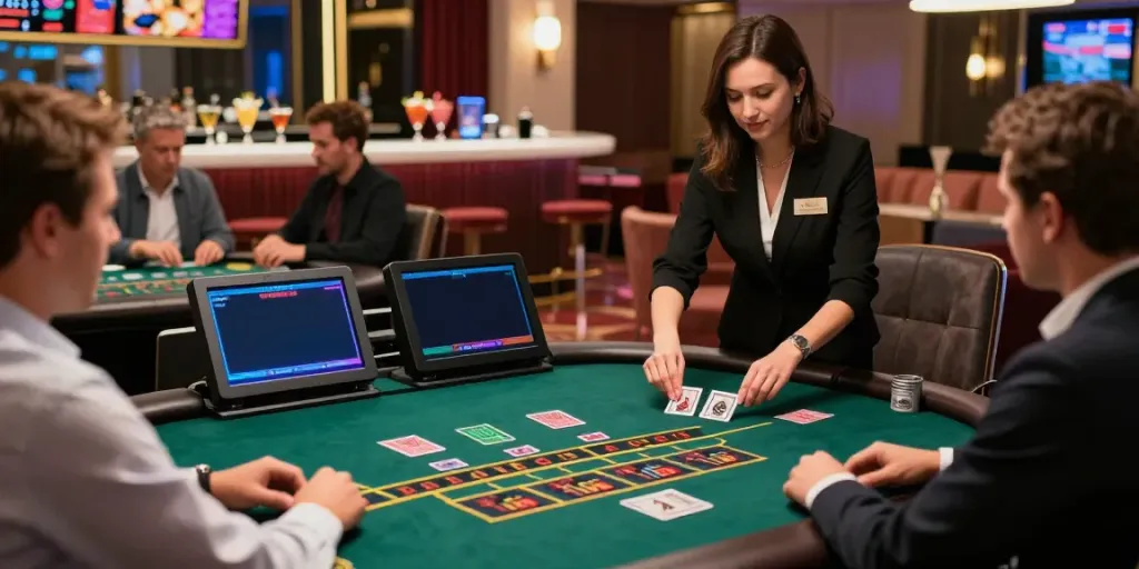 Exciting live dealer scene at credit card casinos UK with players engaged in gaming.