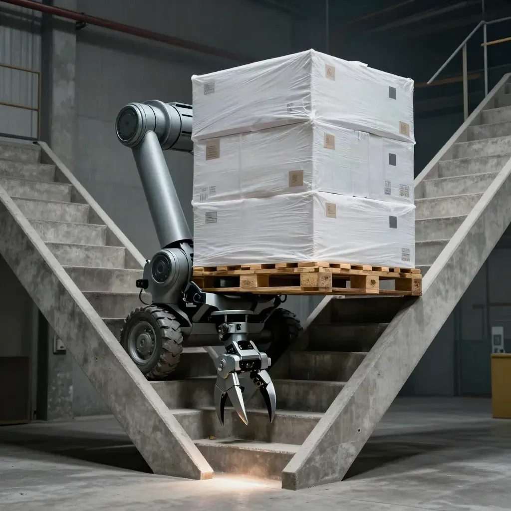 Robot da magazzino sale l’ultimo gradino di una scala industriale tra polvere e luce fredda.