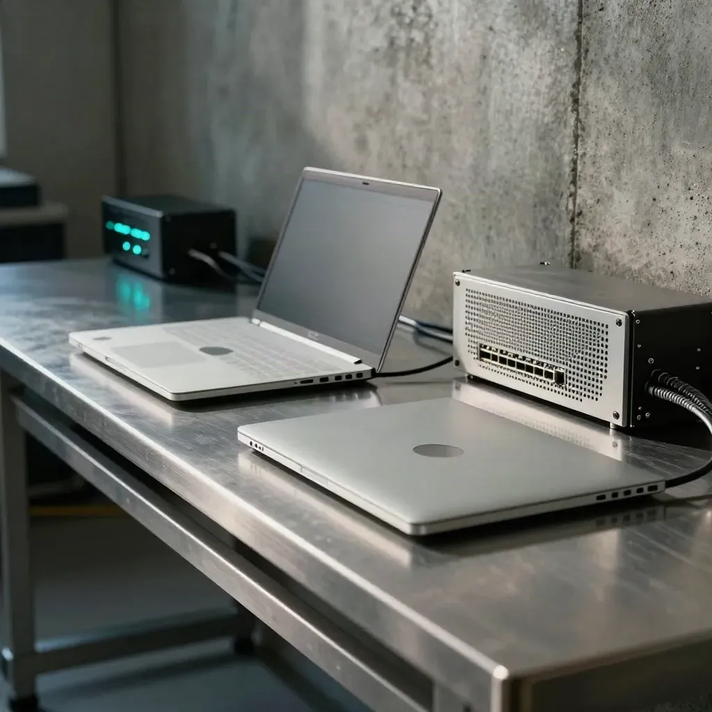 Sala dati quieta con laptop chiusi, moduli server e luci di rete ciano in luce laterale.