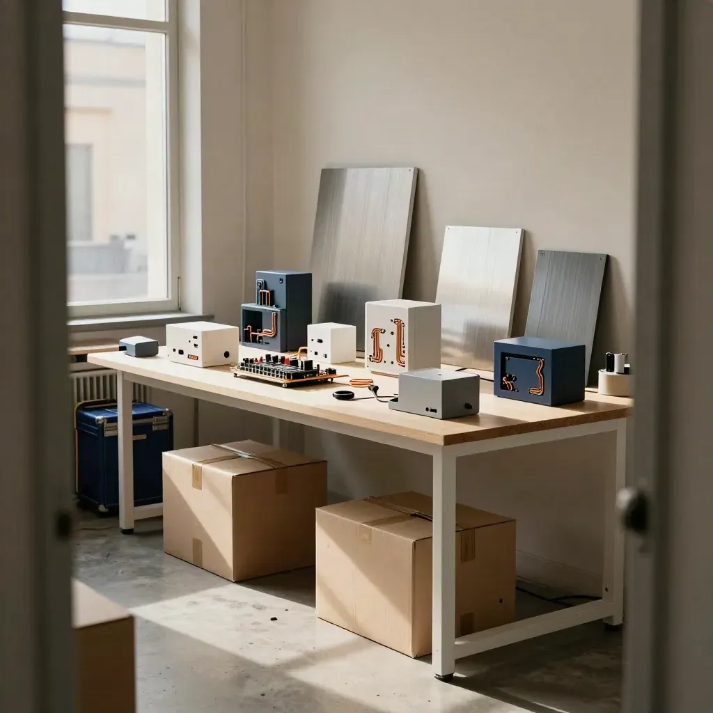 Ufficio startup milanese con prototipi elettronici e scatole neutre alla luce del tardo pomeriggio