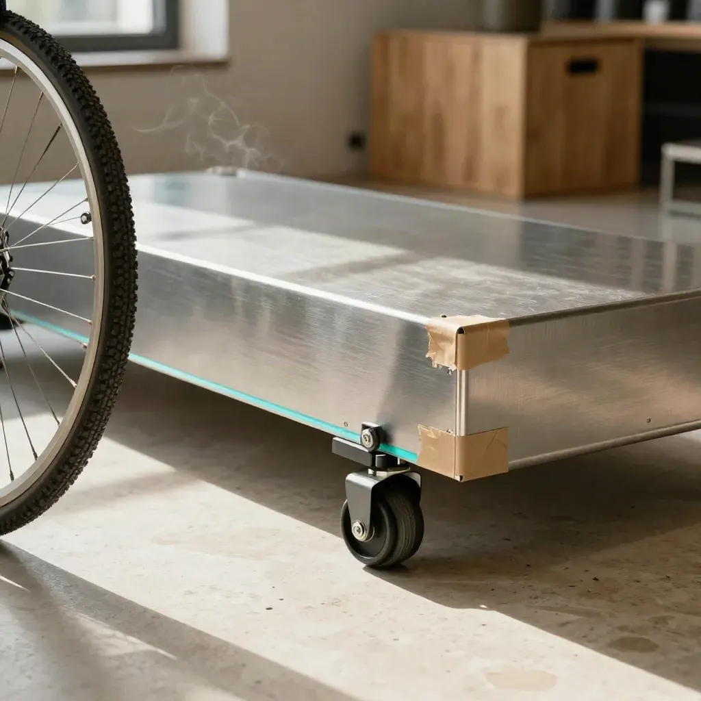 Loft milanese con prototipo su carrello, bici e pacchi neutri alla luce del mattino