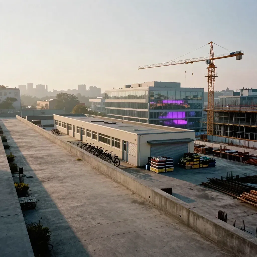 Panorama urbano all’alba con scuola, mercato, uffici e cantiere in diagonale.