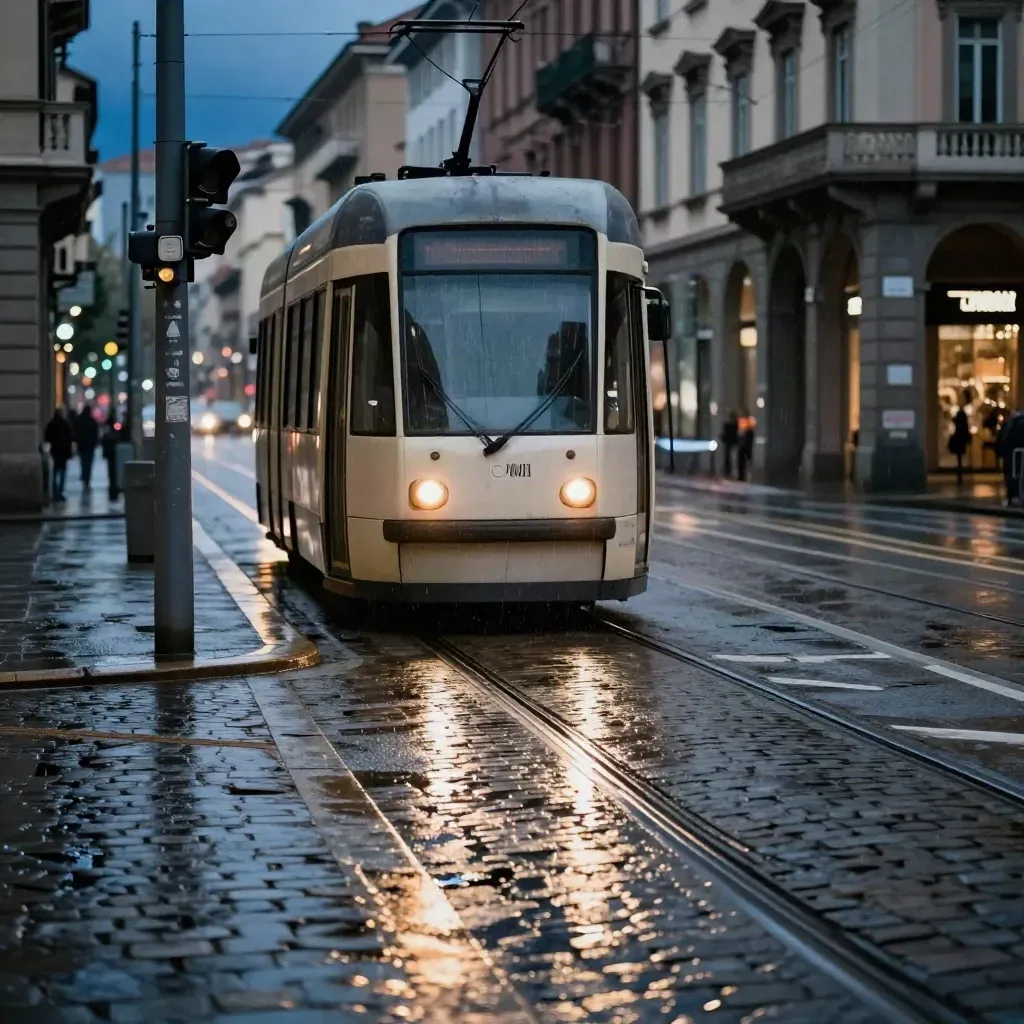Tram di Torino sulla curva bagnata, con semaforo e sensori stradali dopo la pioggia