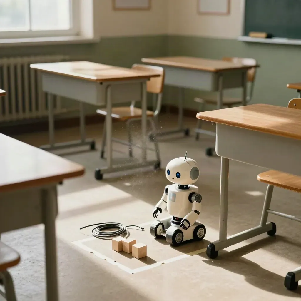 Aula di robotica vuota con piccolo robot didattico, blocchi di legno e luce del pomeriggio.