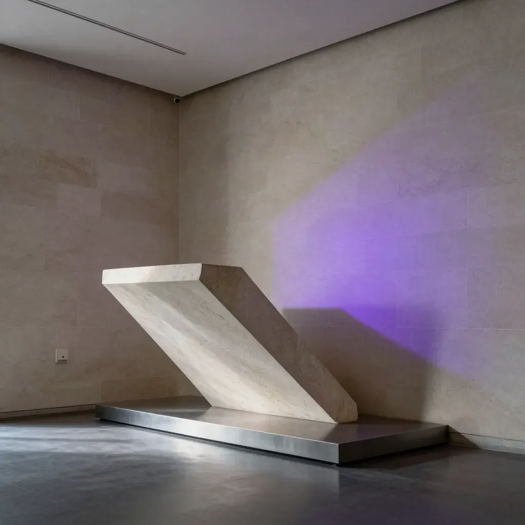 Sala museale in pietra chiara con piedistallo, proiezione astratta e luce viola in attivazione.