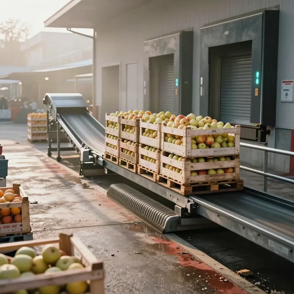 Casse di frutta in un molo di carico, con nastro trasportatore e bancali all’alba.