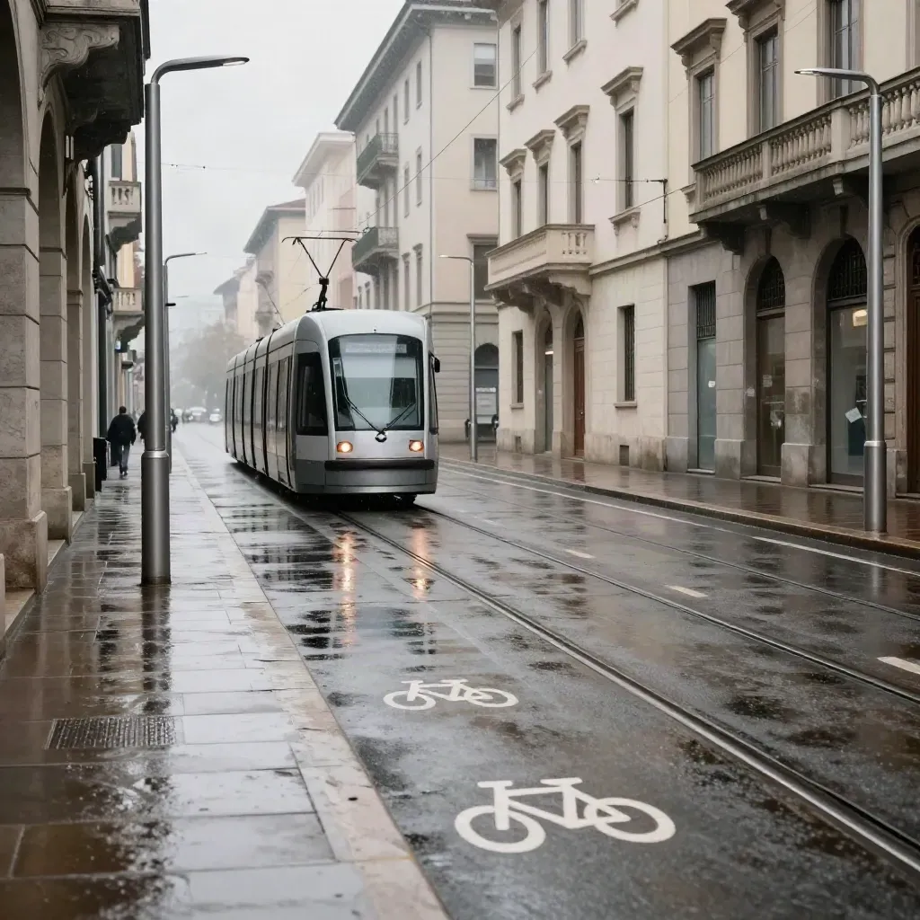 Tram di Milano su binari bagnati, corsia bici e lampioni smart sotto la pioggia.