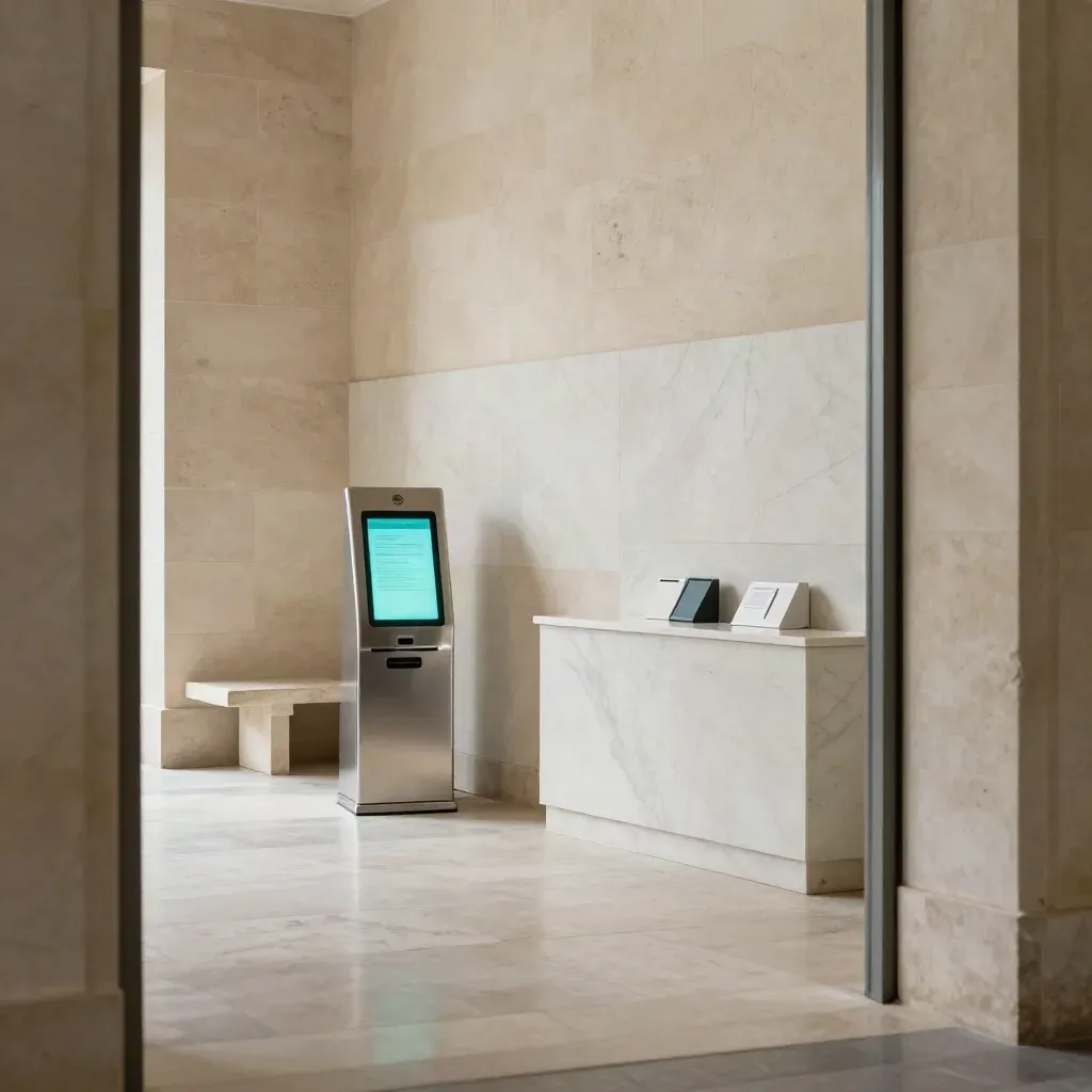 Sportello civico digitale in un edificio romano, panca vuota e kiosk luminoso tra marmi chiari.