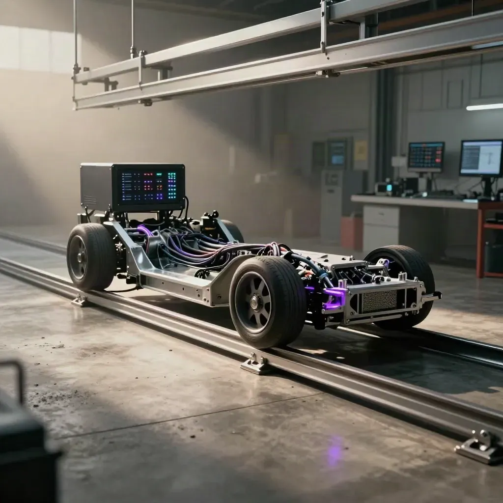 Telaio auto a Torino su binari industriali, con rack software e luce di calibrazione violetto.