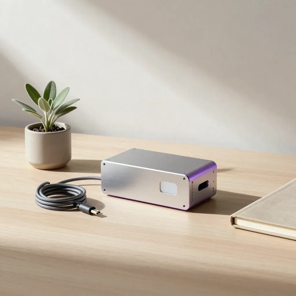 Prototipo startup in alluminio, cavo arrotolato, piantina e quaderno su legno chiaro