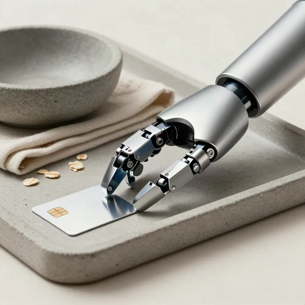 Pinza robotica satinata su vassoio in pietra con panno piegato e ciotola in pietra.