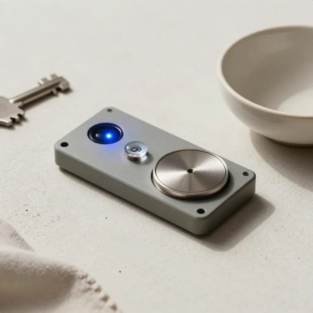 Moduli sensore urbano, lente di segnalazione, disco metallico e ciotola ceramica su fondo chiaro.