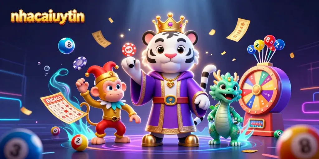 Engage in exciting gambling activities with nhacaiuytin featuring a majestic white tiger, a playful monkey, and a glowing dragon.