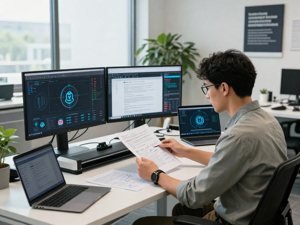 Document fraud detection analysis in a modern workspace, expert reviewing digital documents and cybersecurity tools.