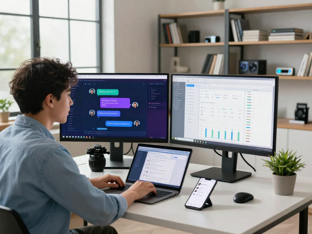 Enthusiastic developer engaged with juicy chat ai platform in a bright, modern workspace, showcasing dynamic tech collaboration.