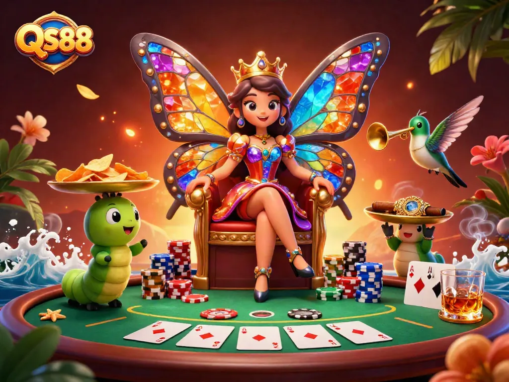 Join the QS88 experience with a vibrant casino scene showcasing dynamic poker elements and a captivating butterfly queen.